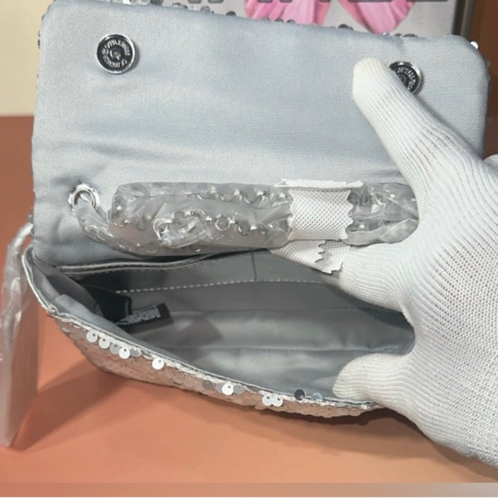 Evening Bag | Nicole Miller Silver Sequin Purse Clutch Handbag Purse | Sparkle - Picture 3 of 8
